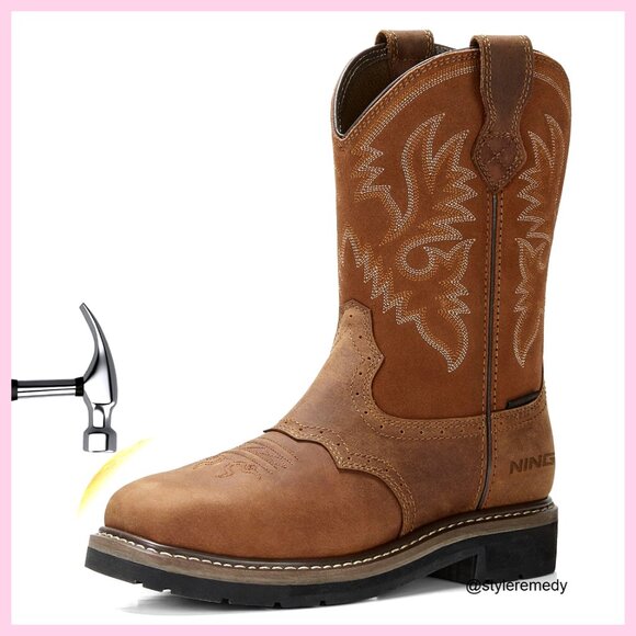 Steel Toe Work Boots Waterproof Slip On Cowboy Boots Industrial Construction